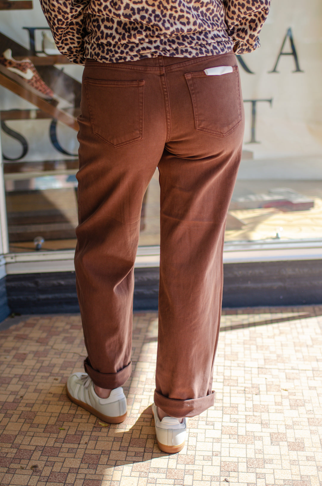 Risen Tummy Control Mid Rise Ankle Barrel Relaxed Baggy Jeans in Chocolate