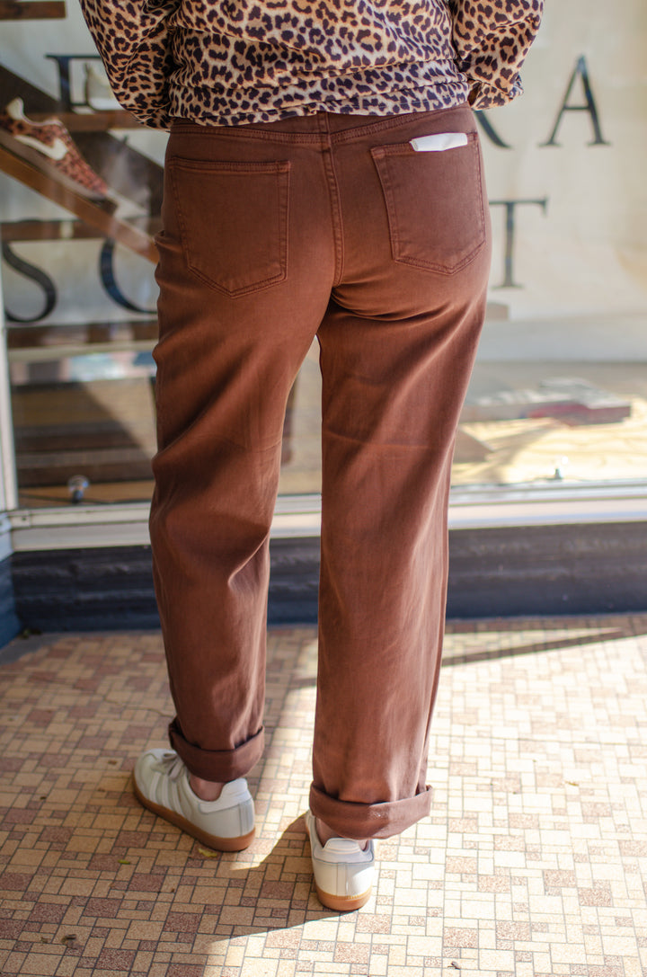 Risen Tummy Control Mid Rise Ankle Barrel Relaxed Baggy Jeans in Chocolate