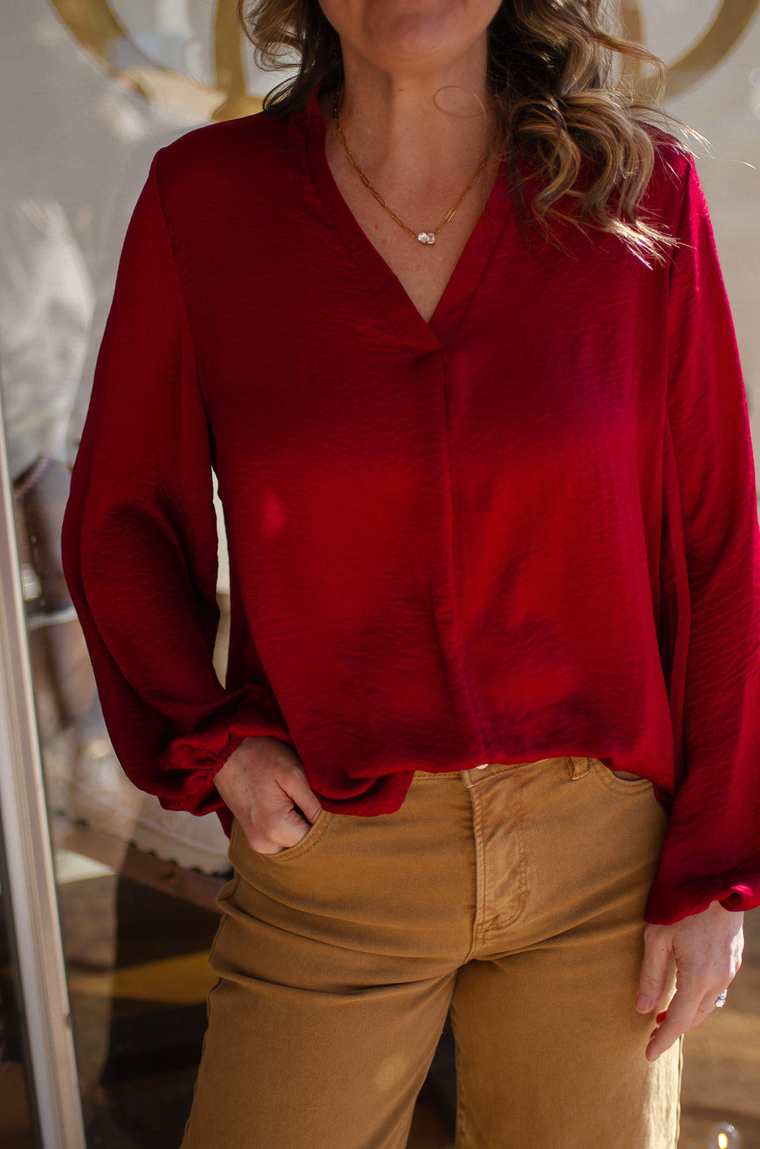 Heart of Mine Satin V-Neck Blouse in Wine