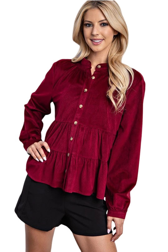 Dreaming of You Corduroy Tiered Button Down Long Sleeve Top in Wine