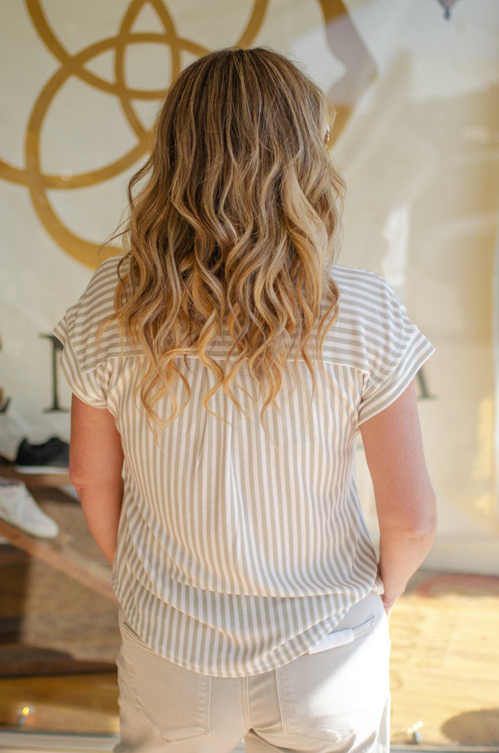 Perfect Stripe Button Down Soft Knit Top in Light Sage