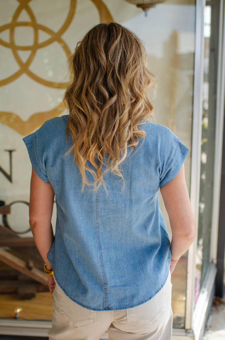 Take Time Chambray Half Button Tab Sleeve Top