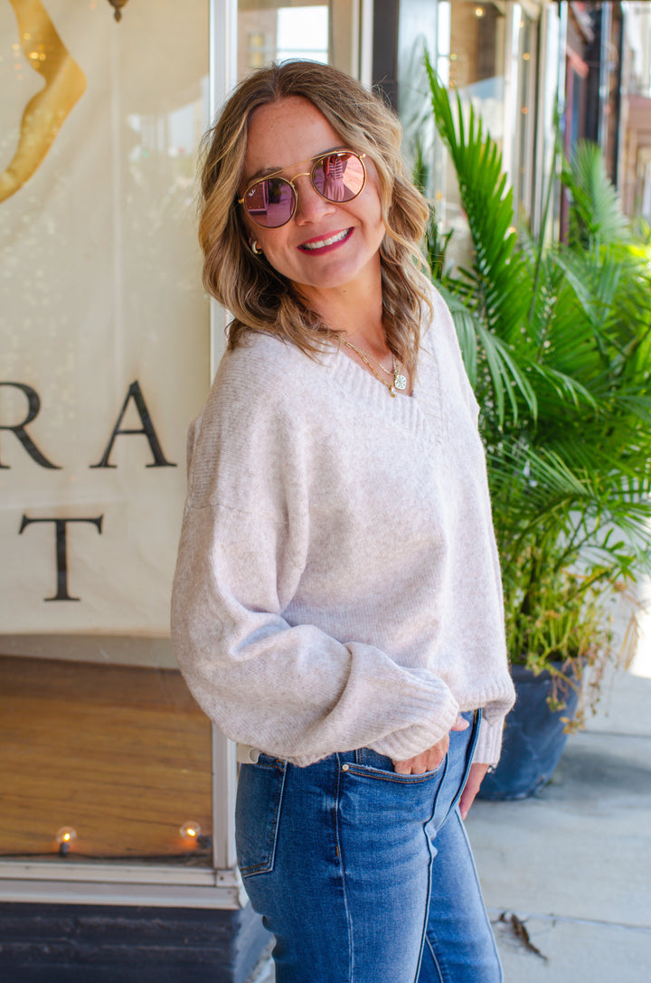 Cozy Fall V-Neck Soft Knit Sweater in Oatmeal