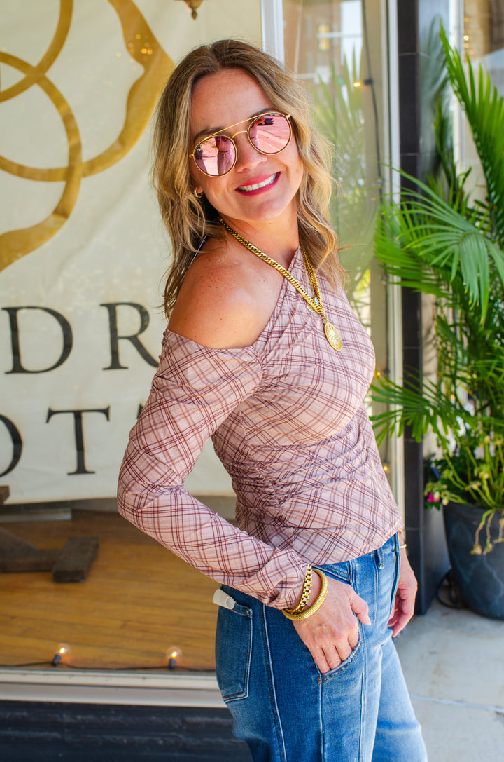 Striking Plaid Mesh Off Shoulder Top in Beige