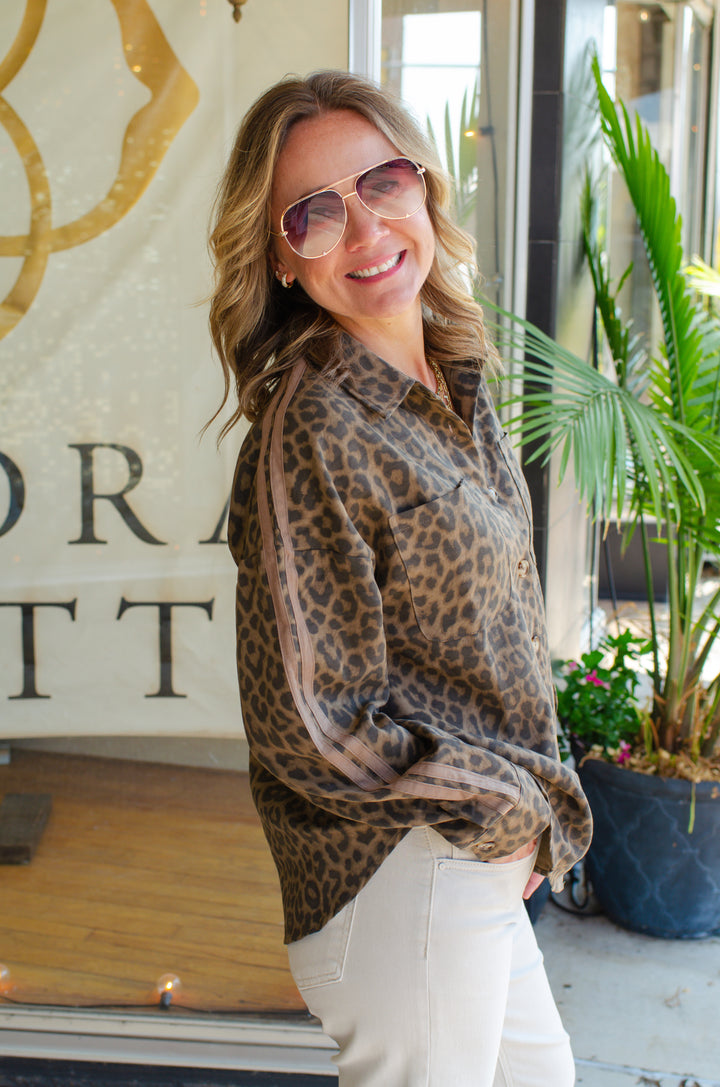 Take It Easy Leopard Button-Down Top in Brown