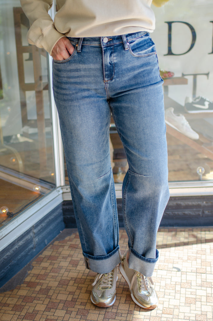 Risen Slouchy Crop Barrel Cuffed Jeans in Medium Wash