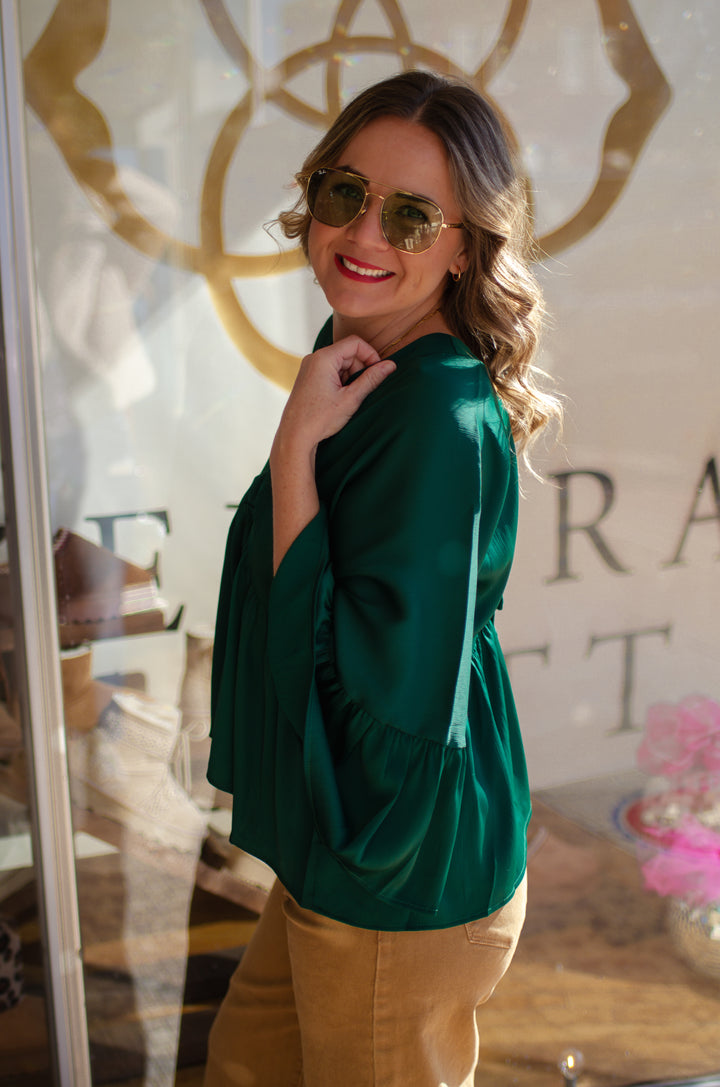 Heartbreaker Bell Sleeve Satin Top in Hunter Green