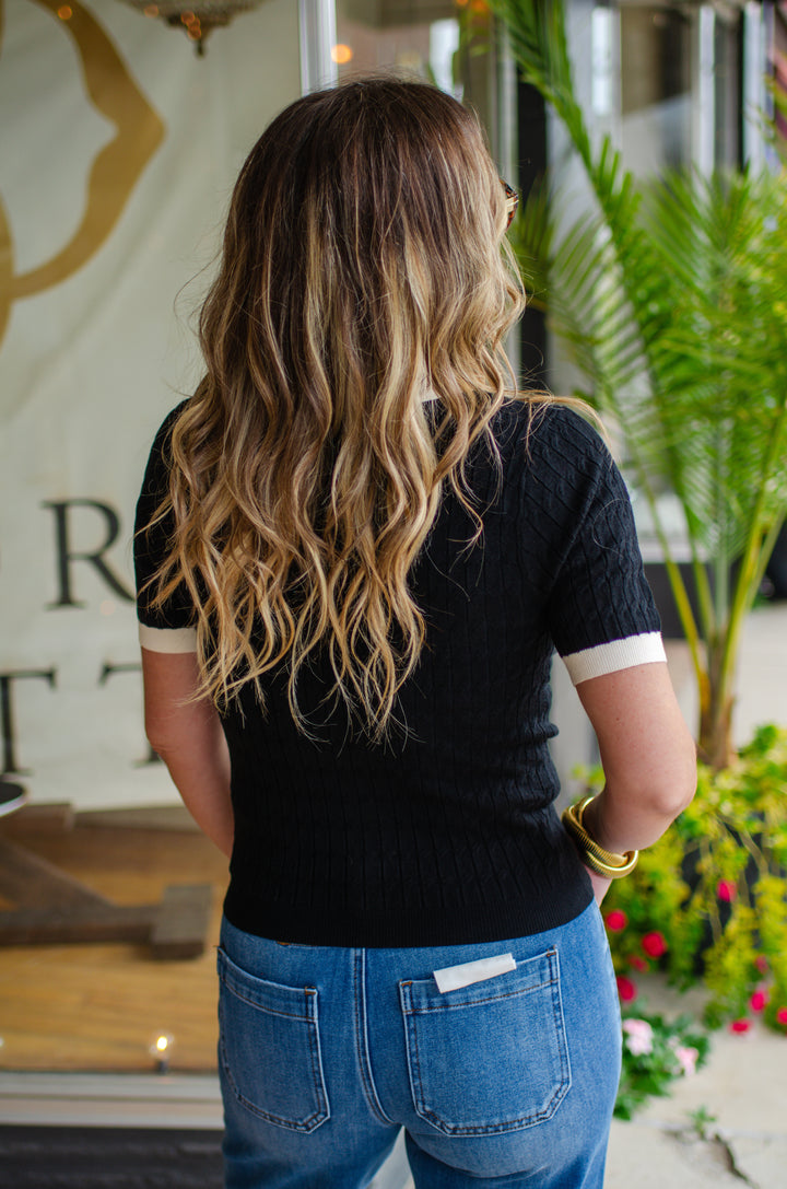 Preppy Moment Fitted Polo Top in Black with Cream Trim