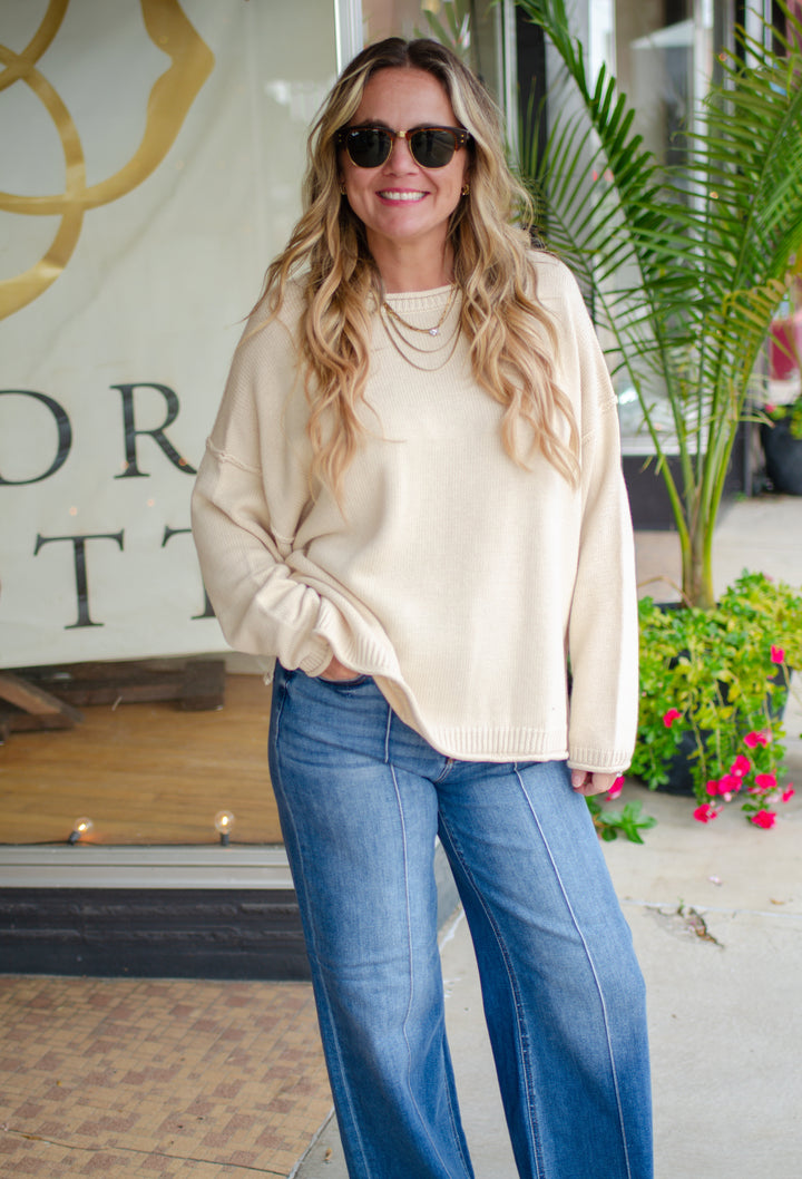 Classic Style Cream Round Neckline Long Sleeve Sweater