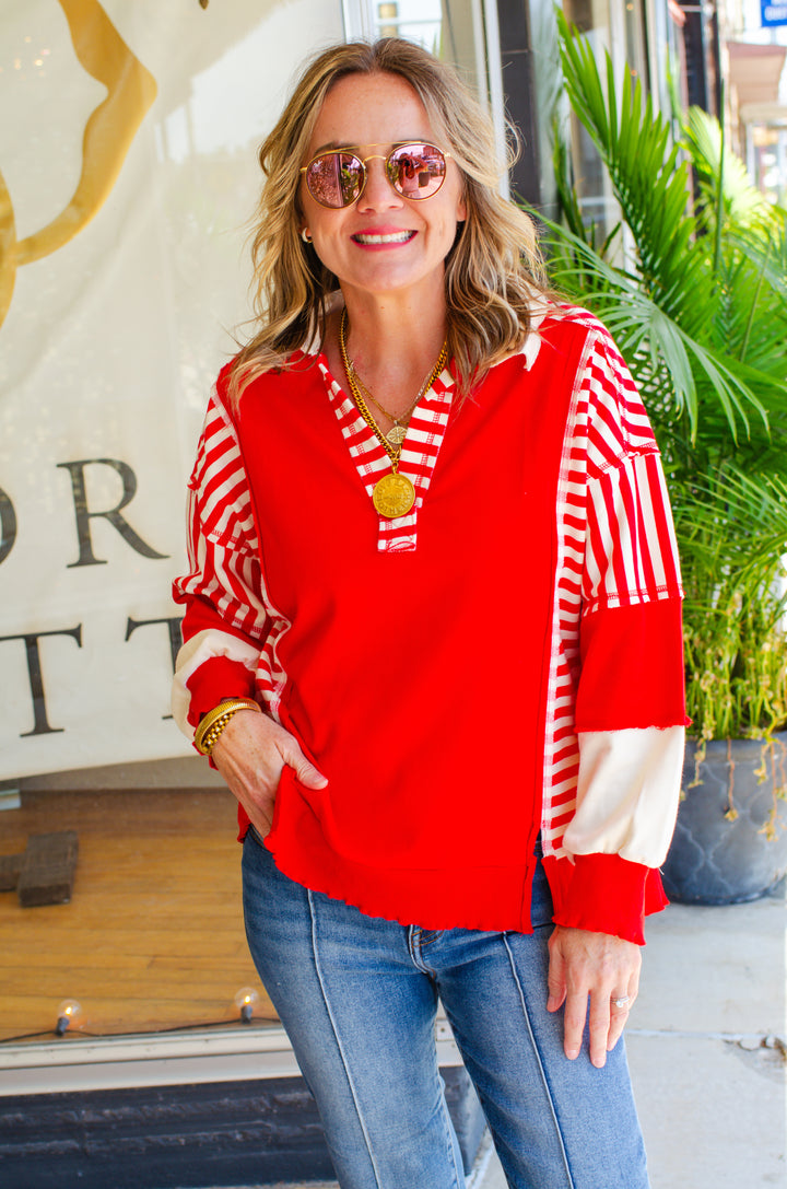 Bold Babe Stripe Trim V-Neck Oversized Top in Red