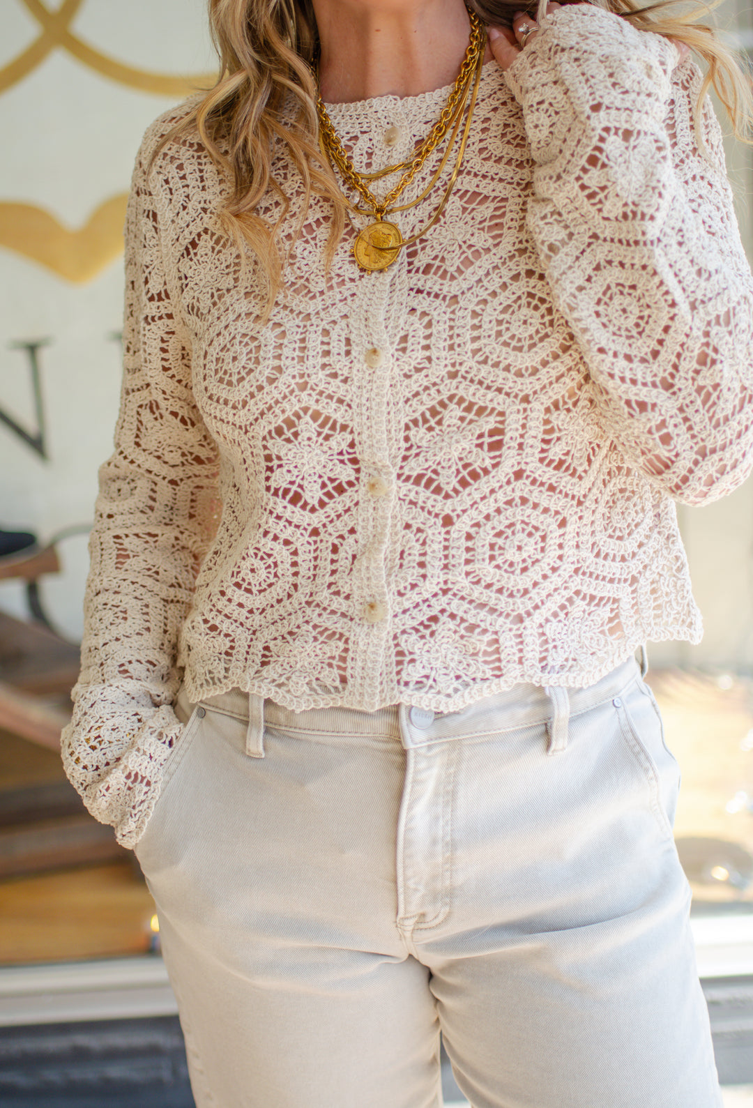 Anything Goes Crochet Button Down Cardigan in Natural