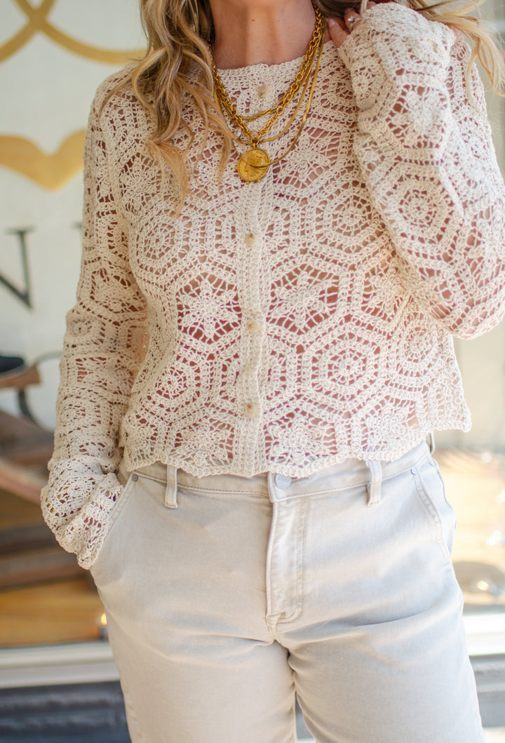 Anything Goes Crochet Button Down Cardigan in Natural
