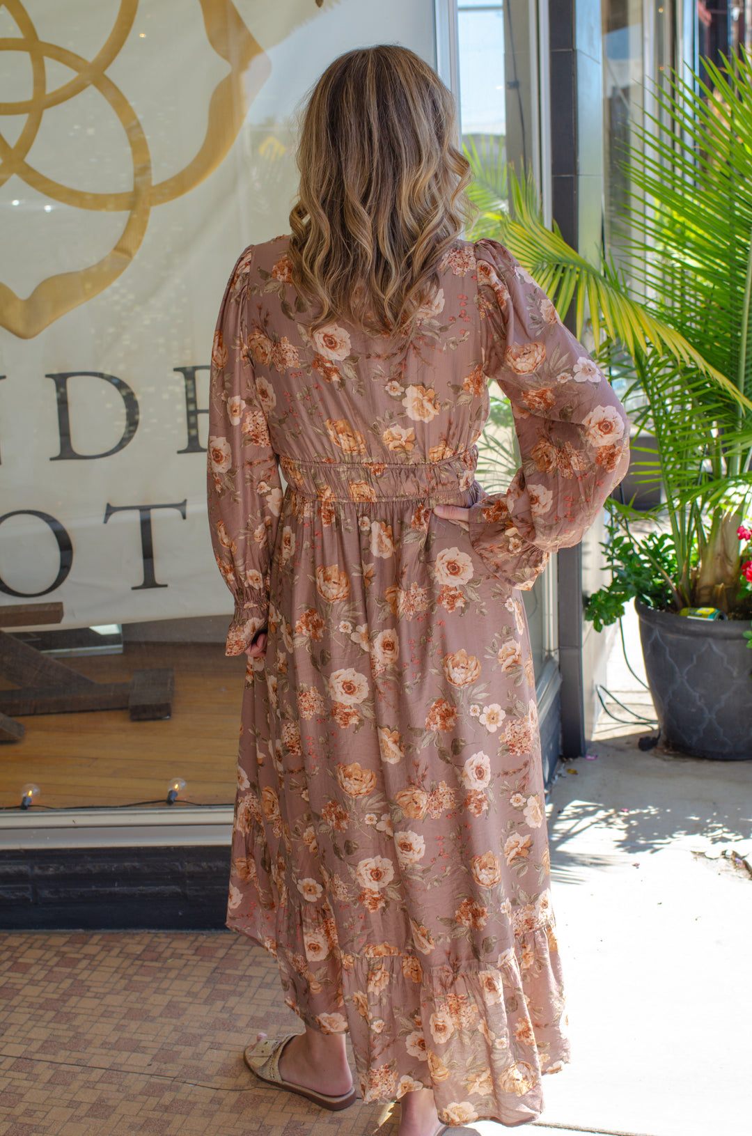 Fall Beauty Empire Waist Floral Maxi Dress in Taupe