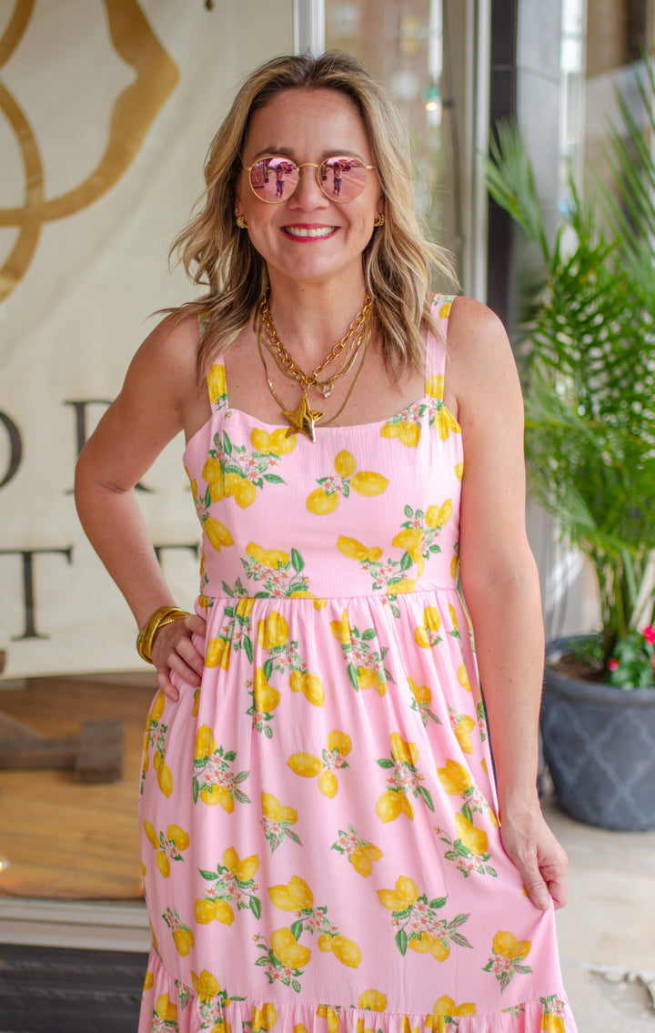 Amalfi Vibes Lemon Printed Tiered Maxi Dress in Pink