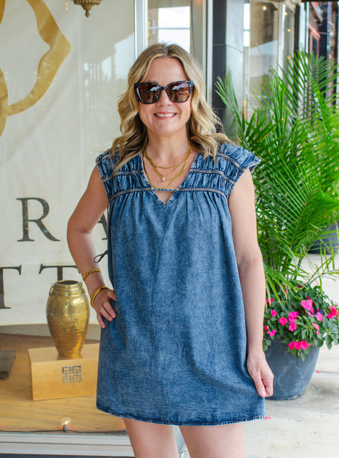 Take Your Time V-Neck Denim Ruched Dress in Medium