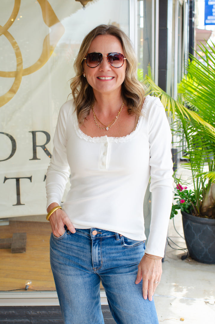 Everyday Fall Lace Trim Neckline Long Sleeve Button Down in White