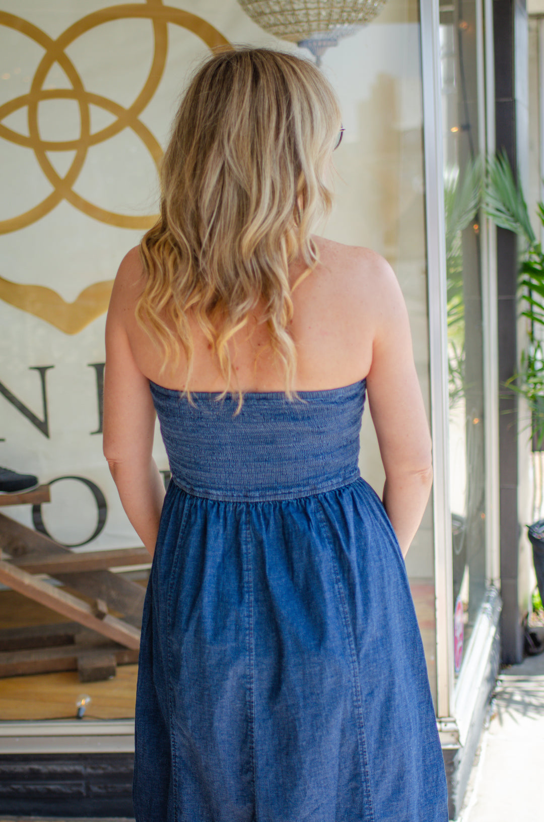 Simply Charmed Denim Strapless Midi Dress in Dark Wash