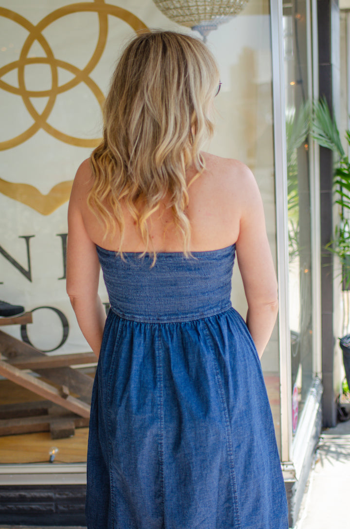 Simply Charmed Denim Strapless Midi Dress in Dark Wash