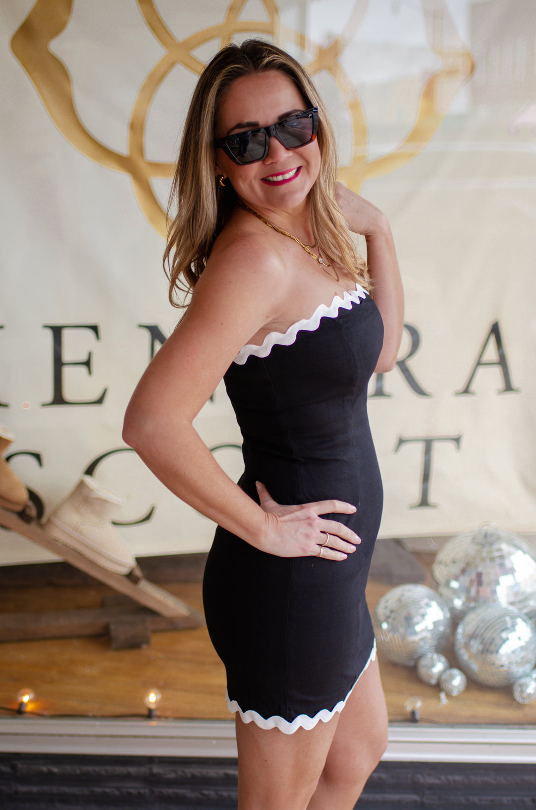 Yacht Club Fitted Black Dress with White Rickrack Trim