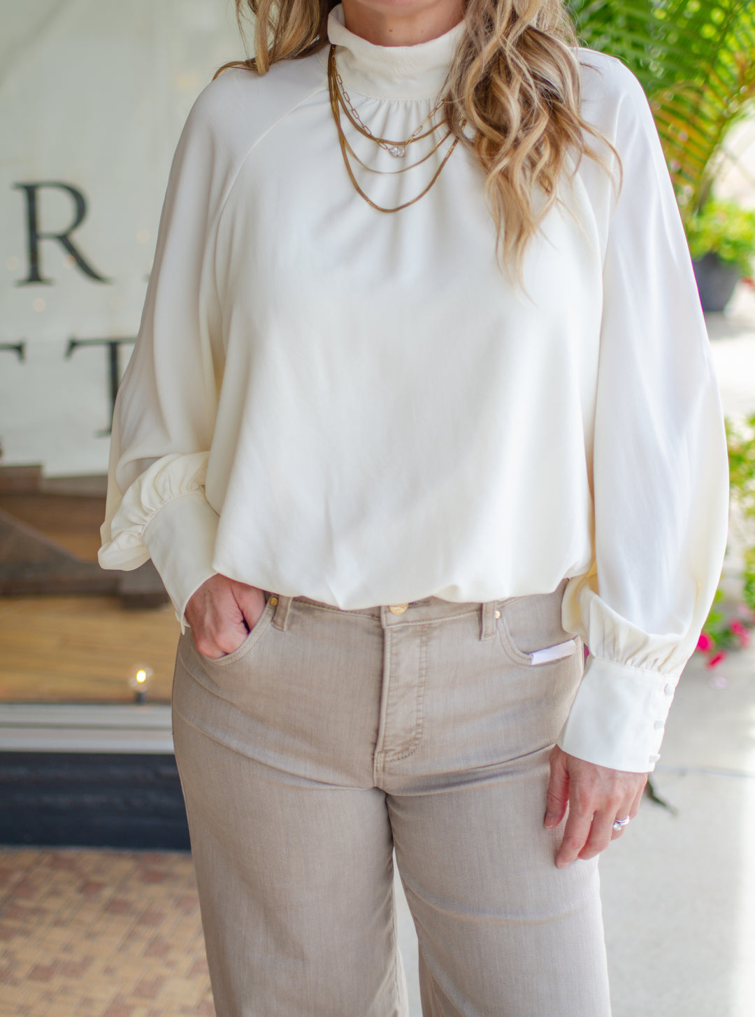 Take Your Time High Necklace Bubble Hem Long Sleeve in Cream
