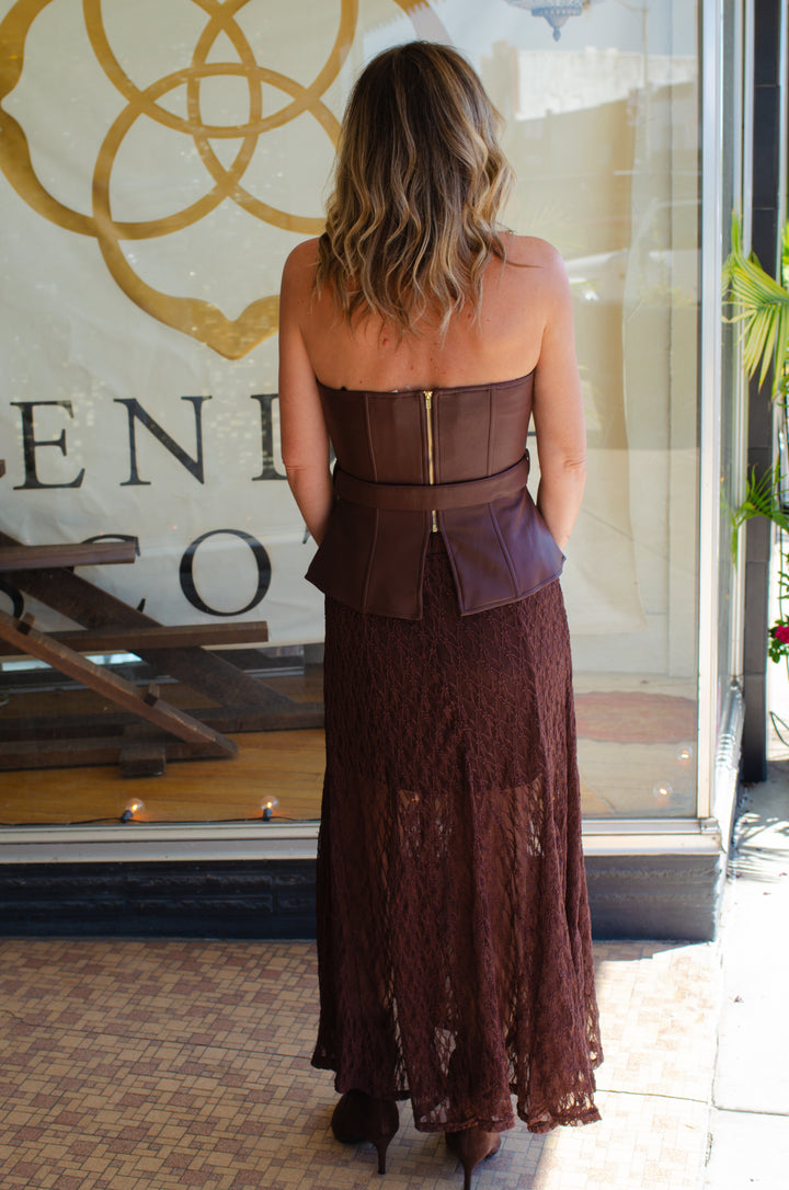 Boho Babe Sheer Lace Midi Skirt in Chocolate Brown
