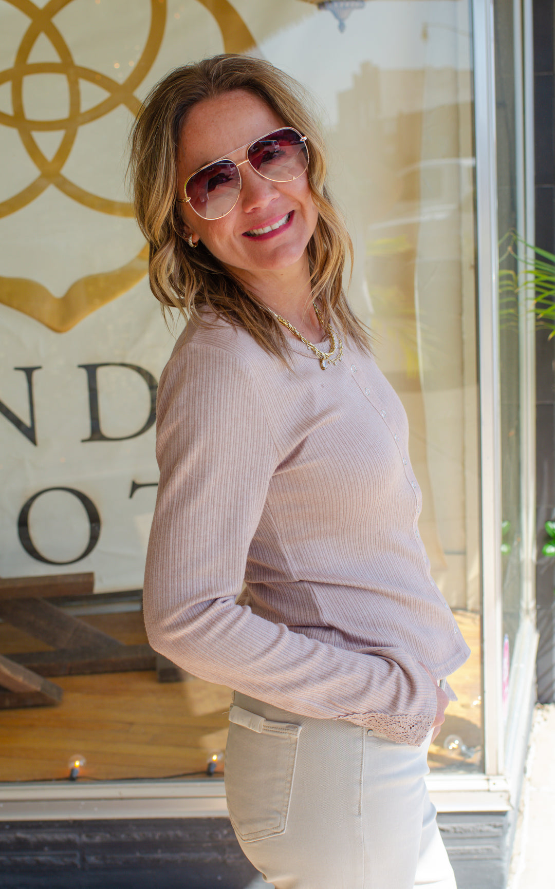 Make You Mine Lace Sleeve Button Down Henley Top in Mocha