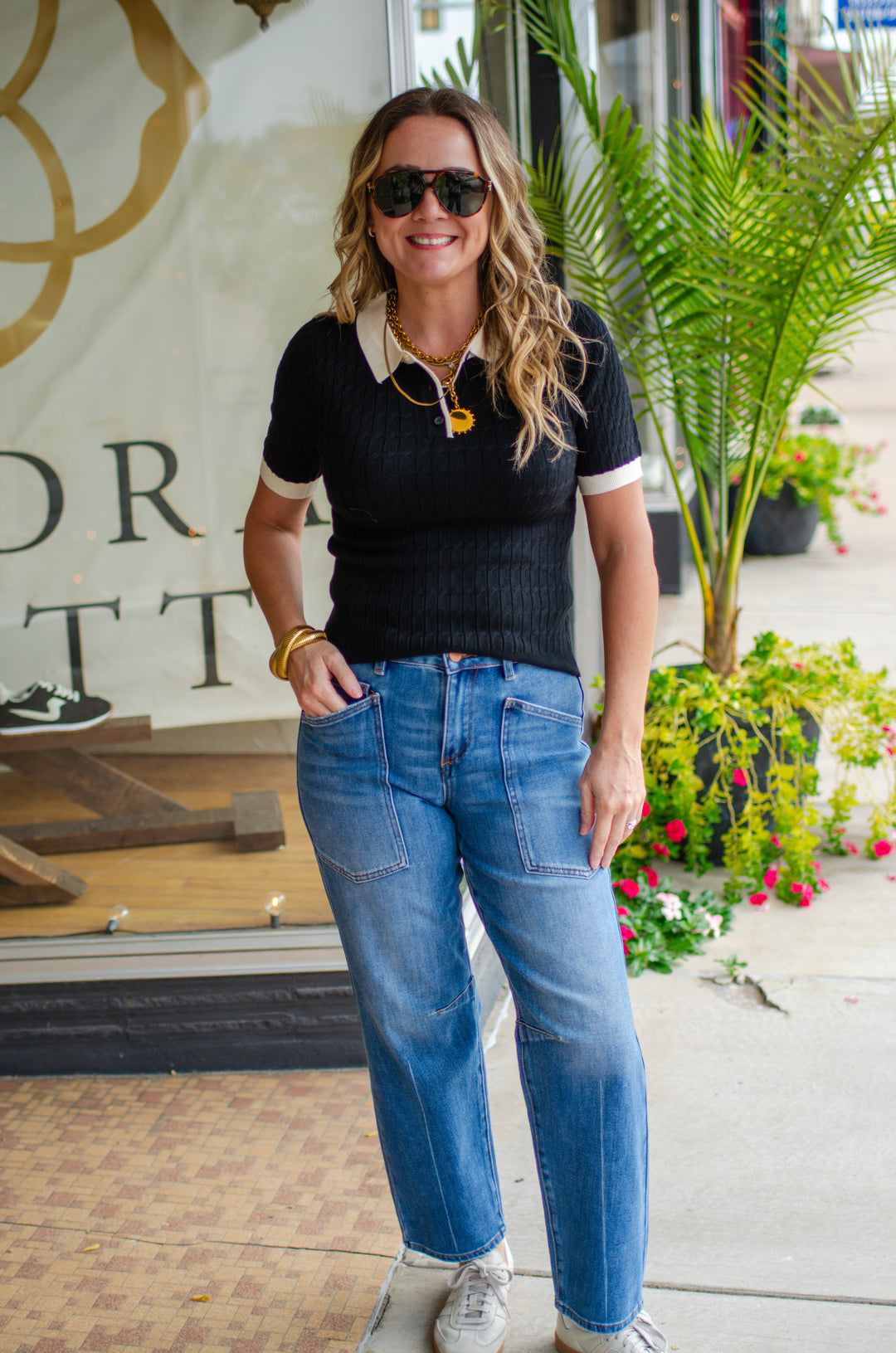 Preppy Moment Fitted Polo Top in Black with Cream Trim