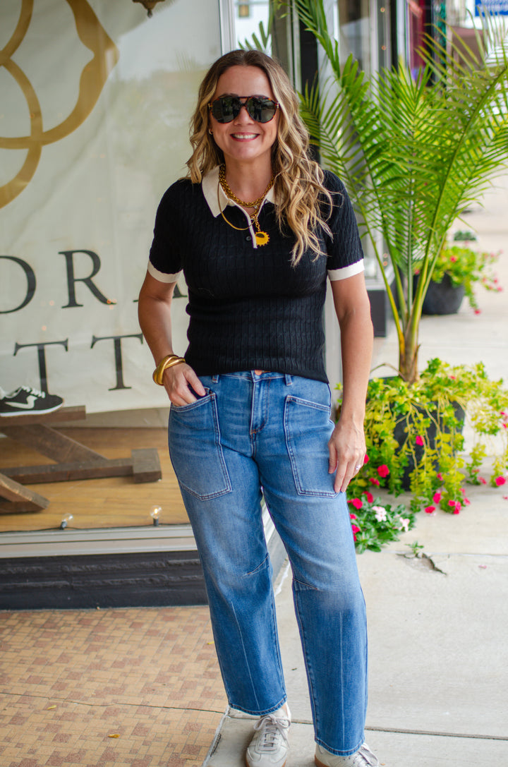 Preppy Moment Fitted Polo Top in Black with Cream Trim
