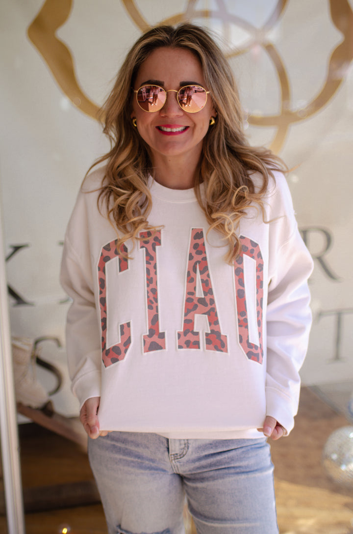 Ciao Leopard Printed Oversized Sweatshirt in White