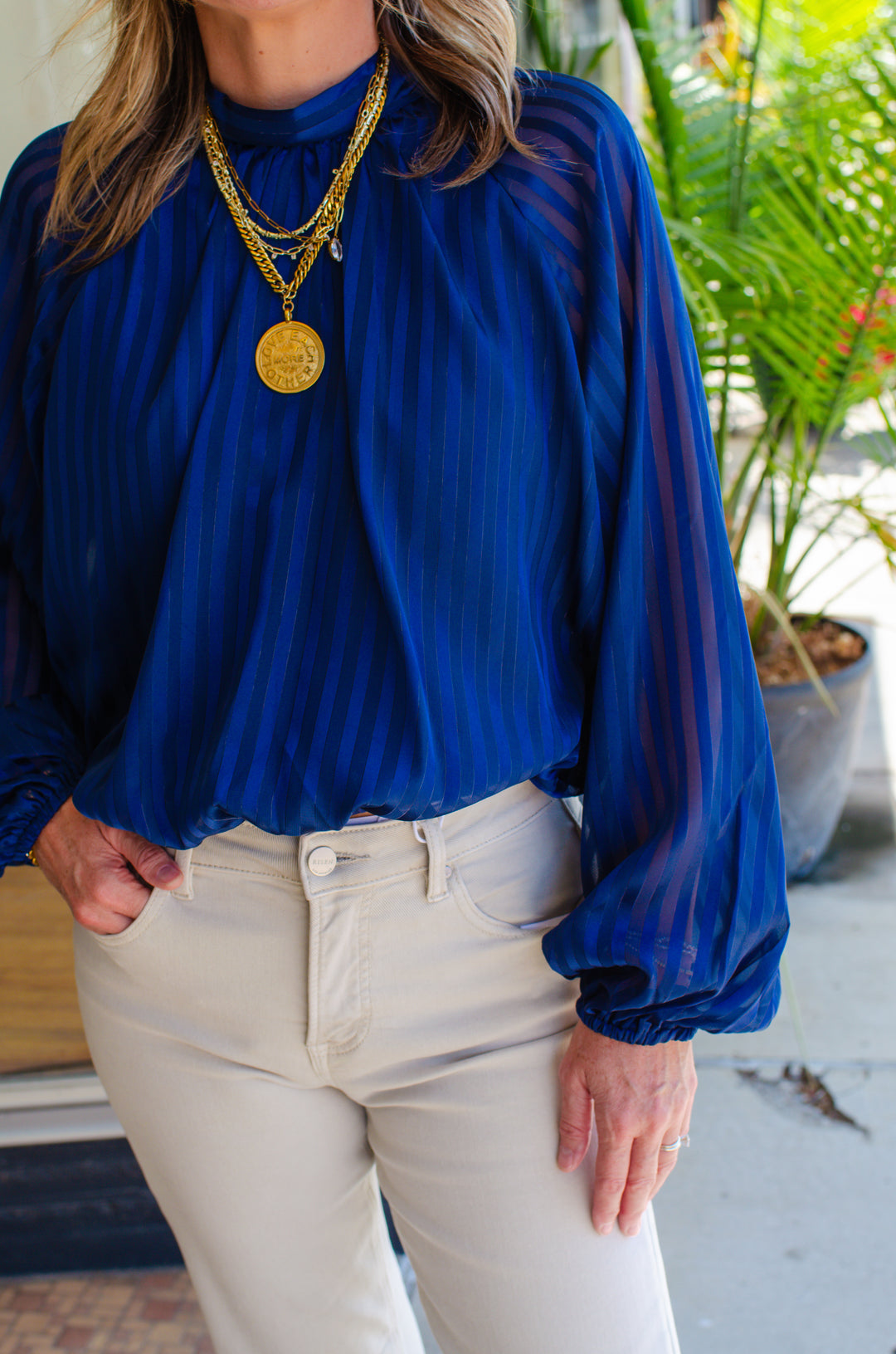 Lasting Love Metallic Stripe Bubble Hem Tie Back Blouse in Cobalt Blue