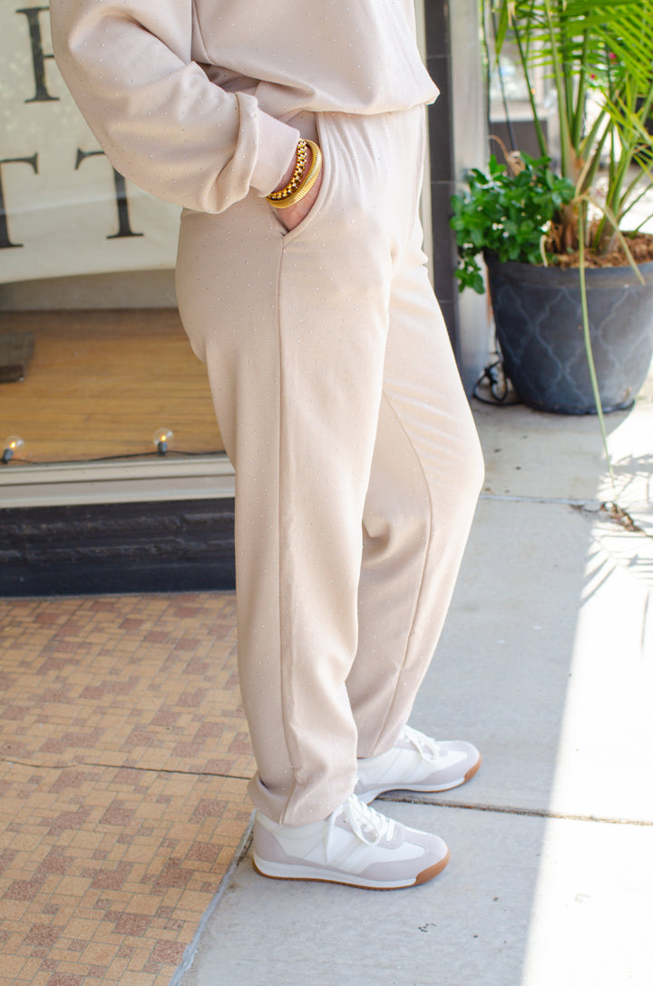 Shimmer In You Cream Jogger Pant with Metallic Rhinetones