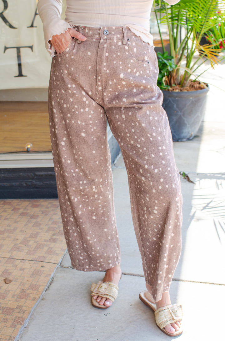 Bambi Print Wide Leg Barrel Pants in Mocha