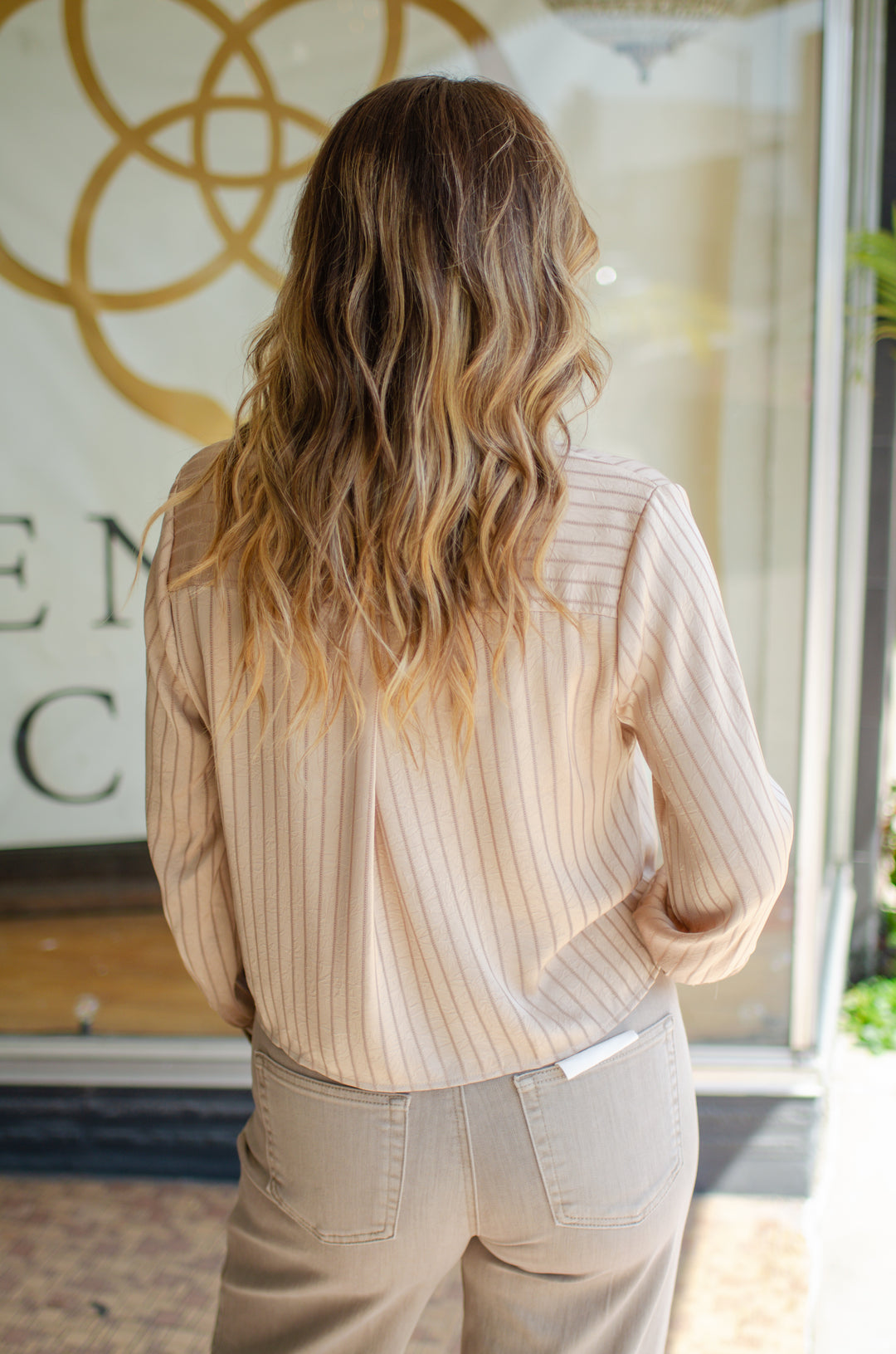 Make Your Moment Stripe Champagne Button Up Top