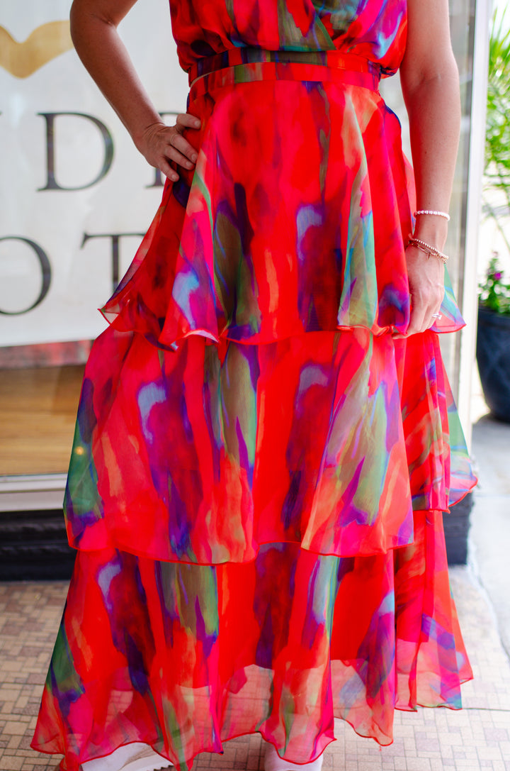 Vibrant Watercolor Tiered Maxi Skirt in Tomato Red