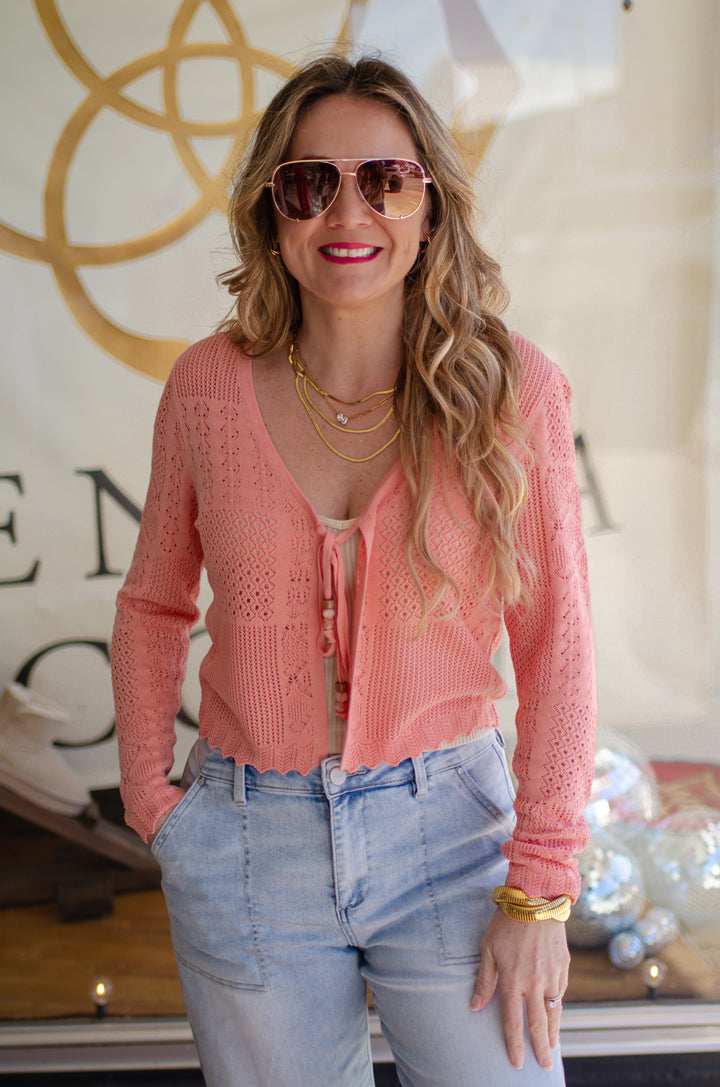 Summer Love Crochet Knit Long Sleeve Tie Front Cardigan in Coral Pink