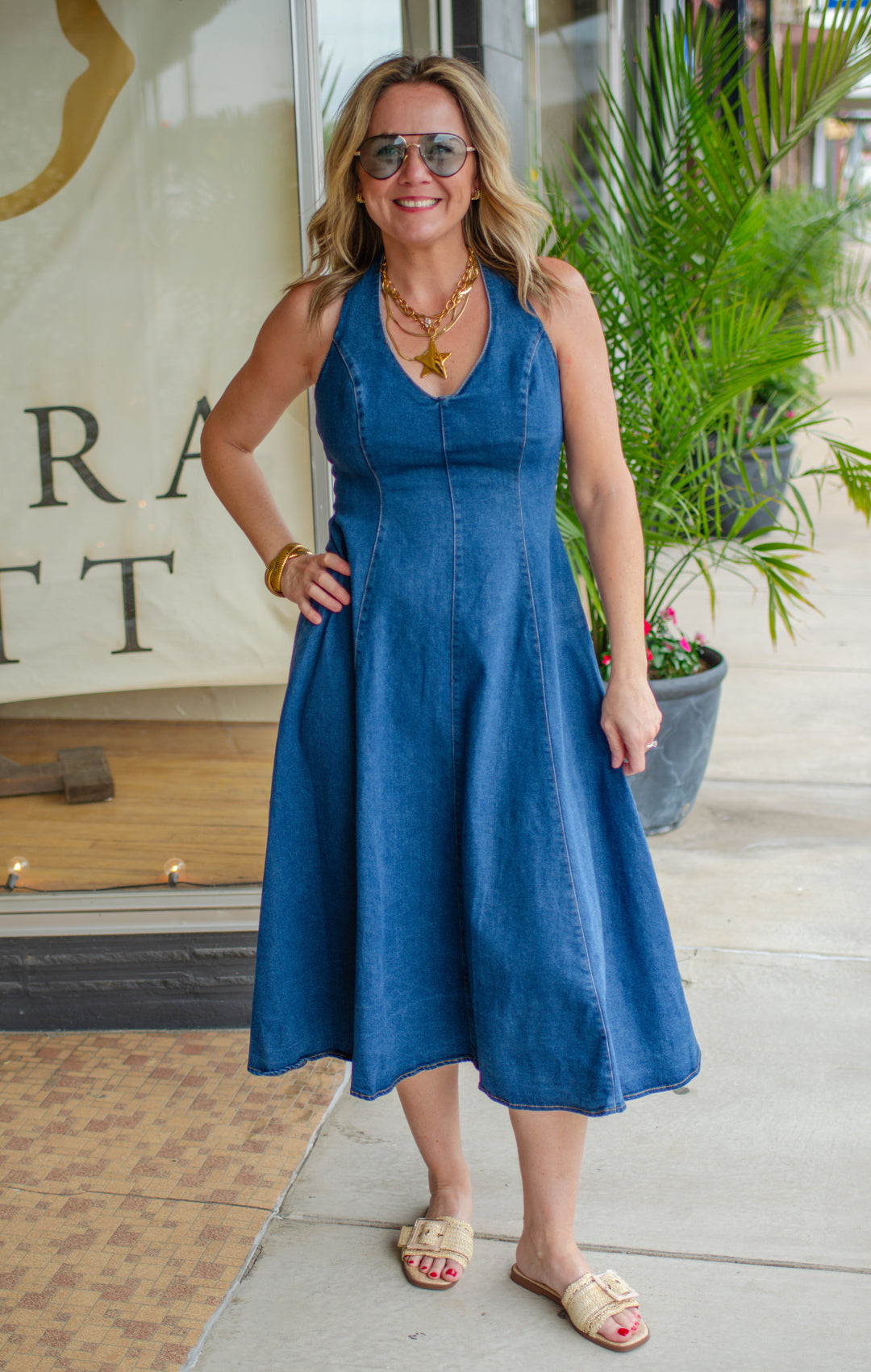Spin Me Around Denim Swing Halter Dress in Dark Denim