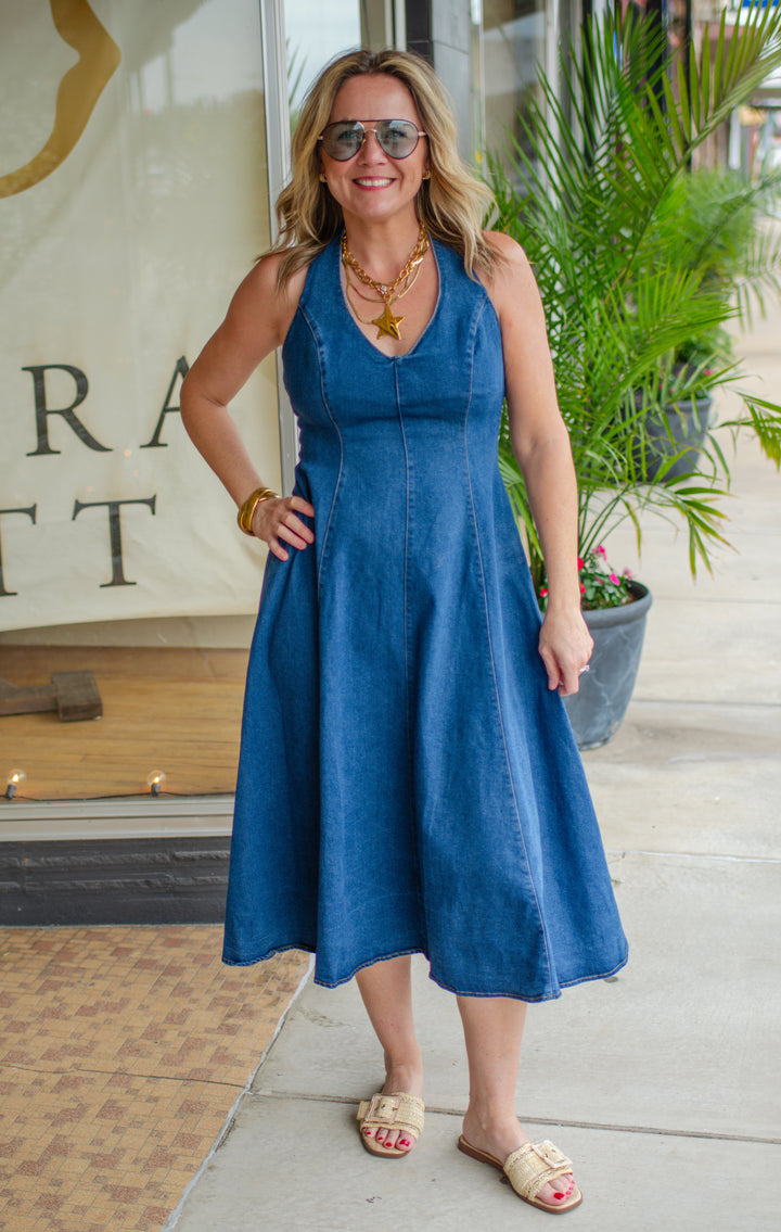 Spin Me Around Denim Swing Halter Dress in Dark Denim