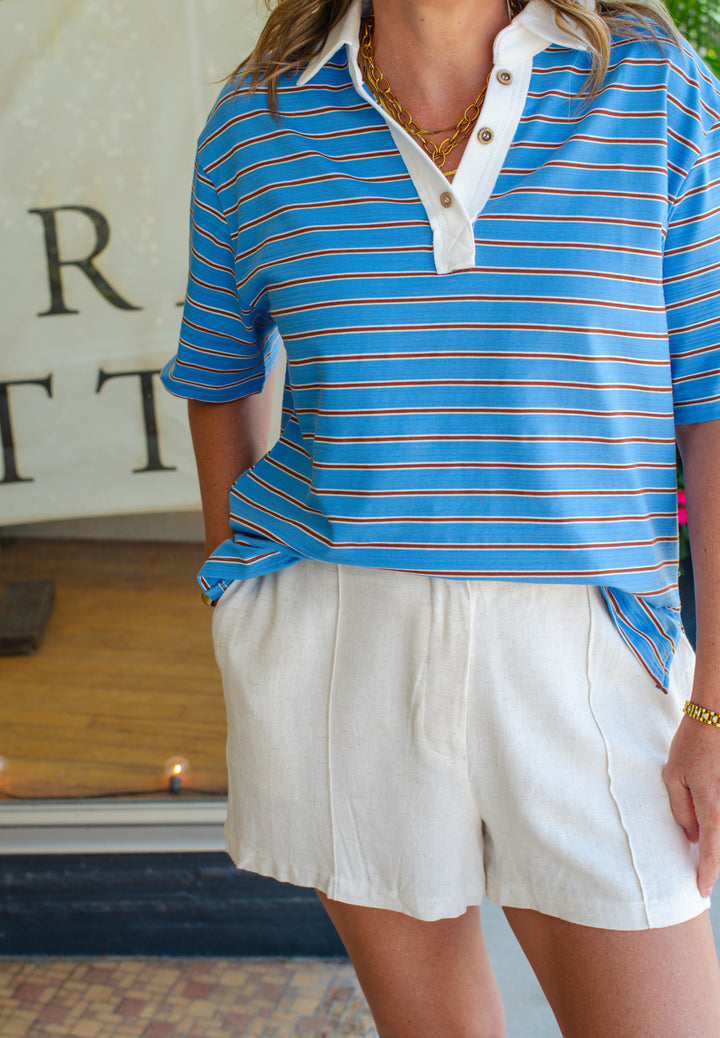 Retro Style Stripe Collared Short Sleeve Top in Blue