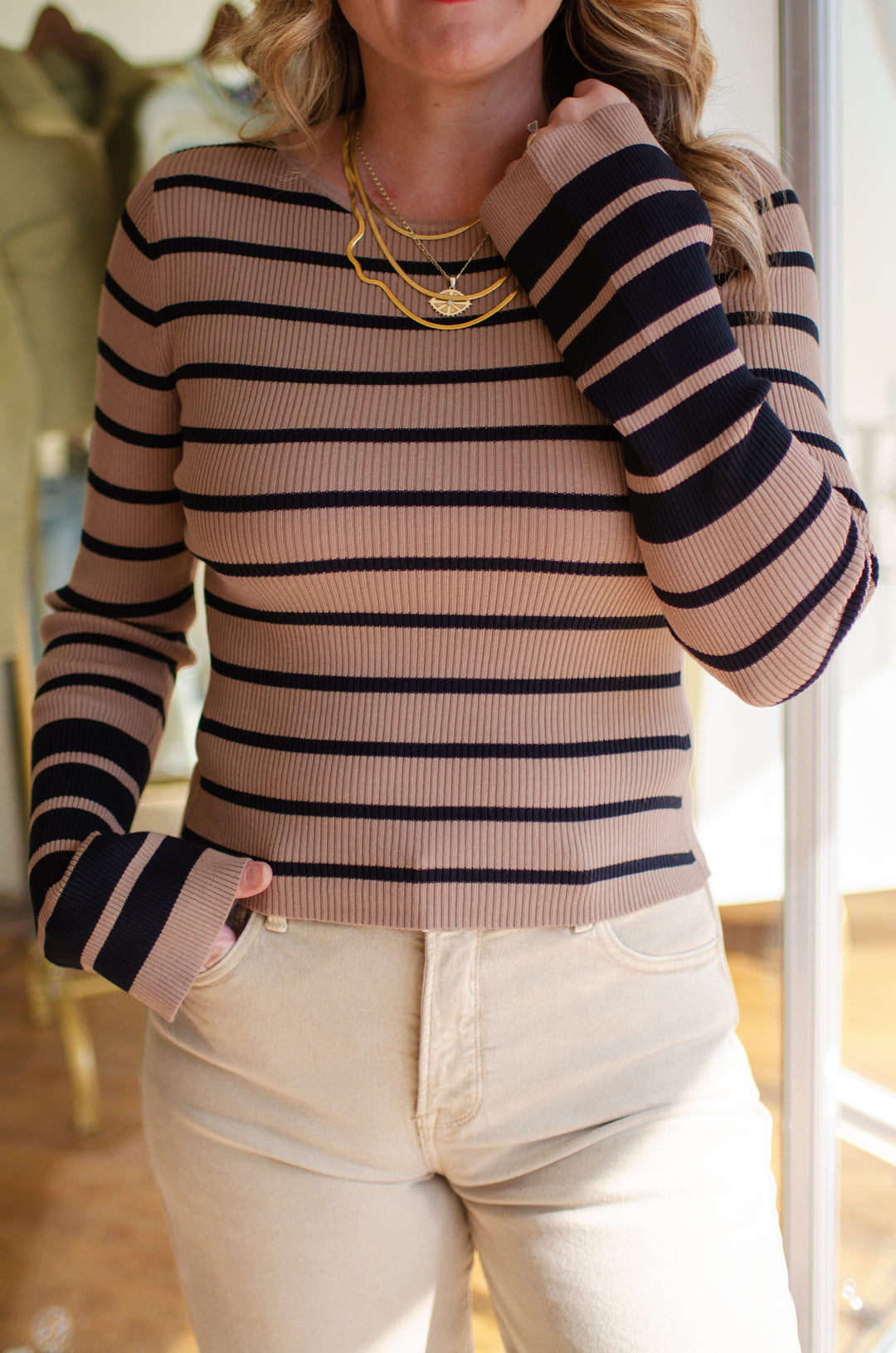 Read Between The Lines Mocha & Black Knit Bell Sleeve Stripe Top