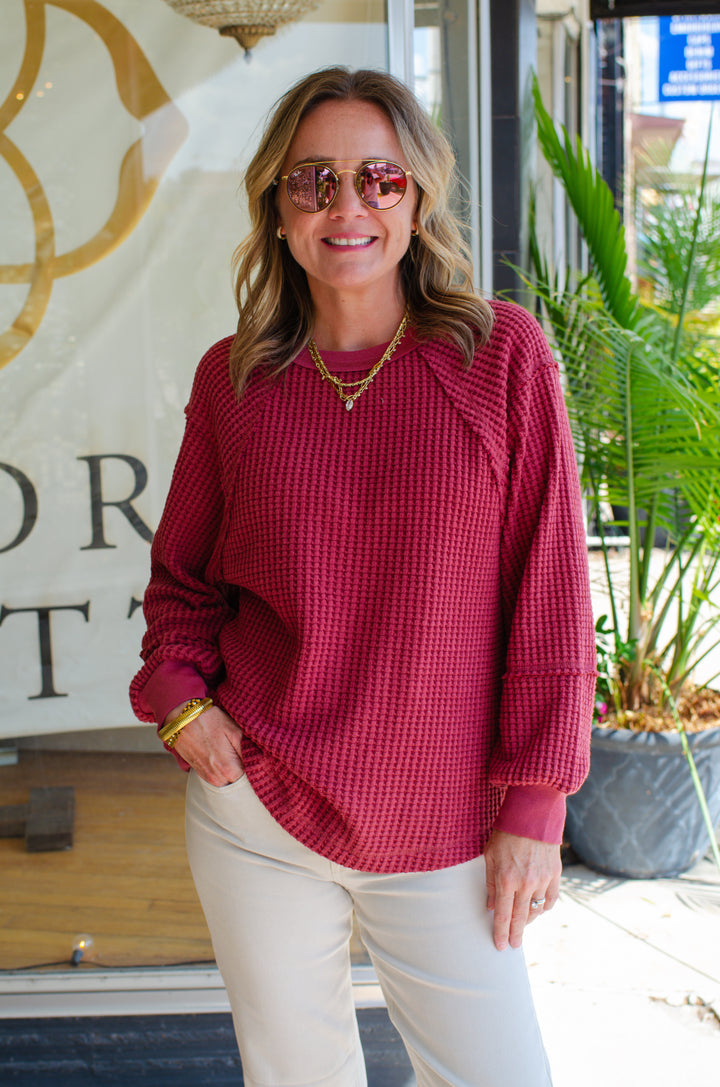 Warm Wished Waffle Long Sleeve Top in Burgundy
