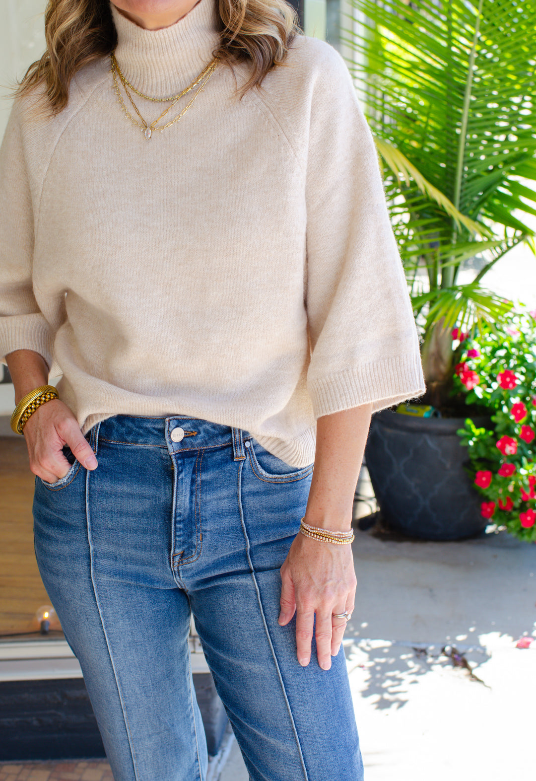 Every Move You Make Cream Mock Neckline 3/4 Sleeve Sweater in Cream