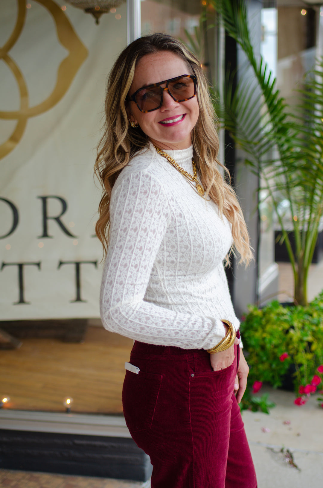 Stripe Floral Jacquard Mock Neck Long Sleeve Top in Ivory