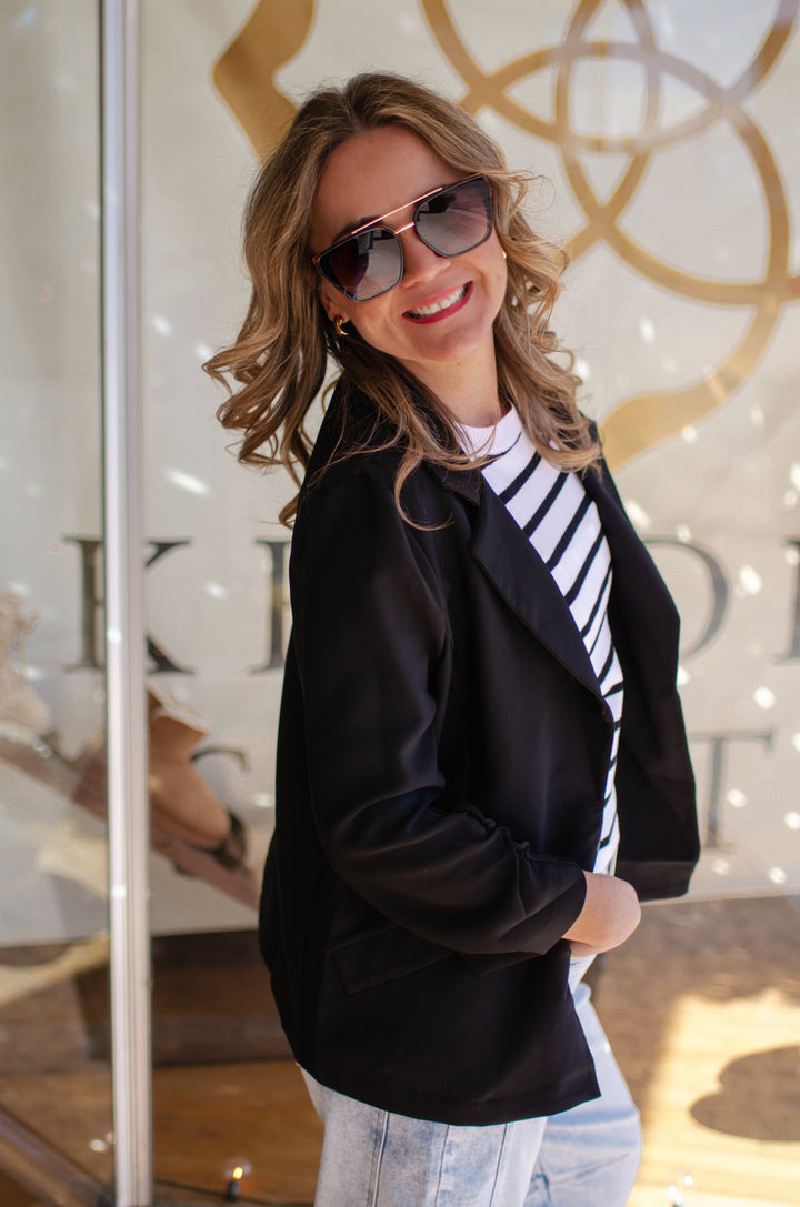 Black Mid Length Classic Blazer with Gold Button Details