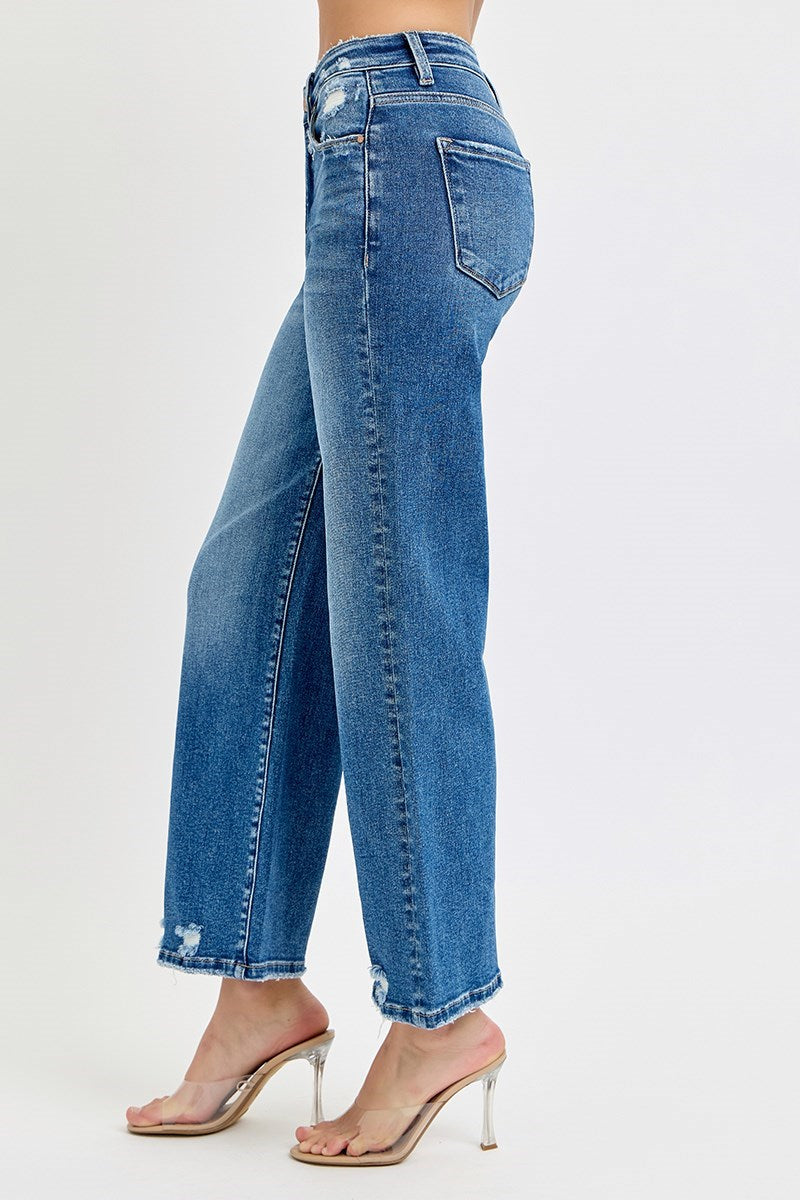 Risen Tummy Control High Rise Crop Wide Leg Jeans in Dark Wash