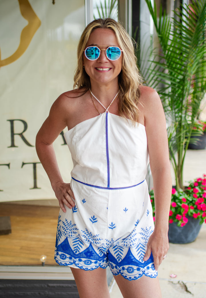 Living on Island Time Embroidered Blue Halter Romper
