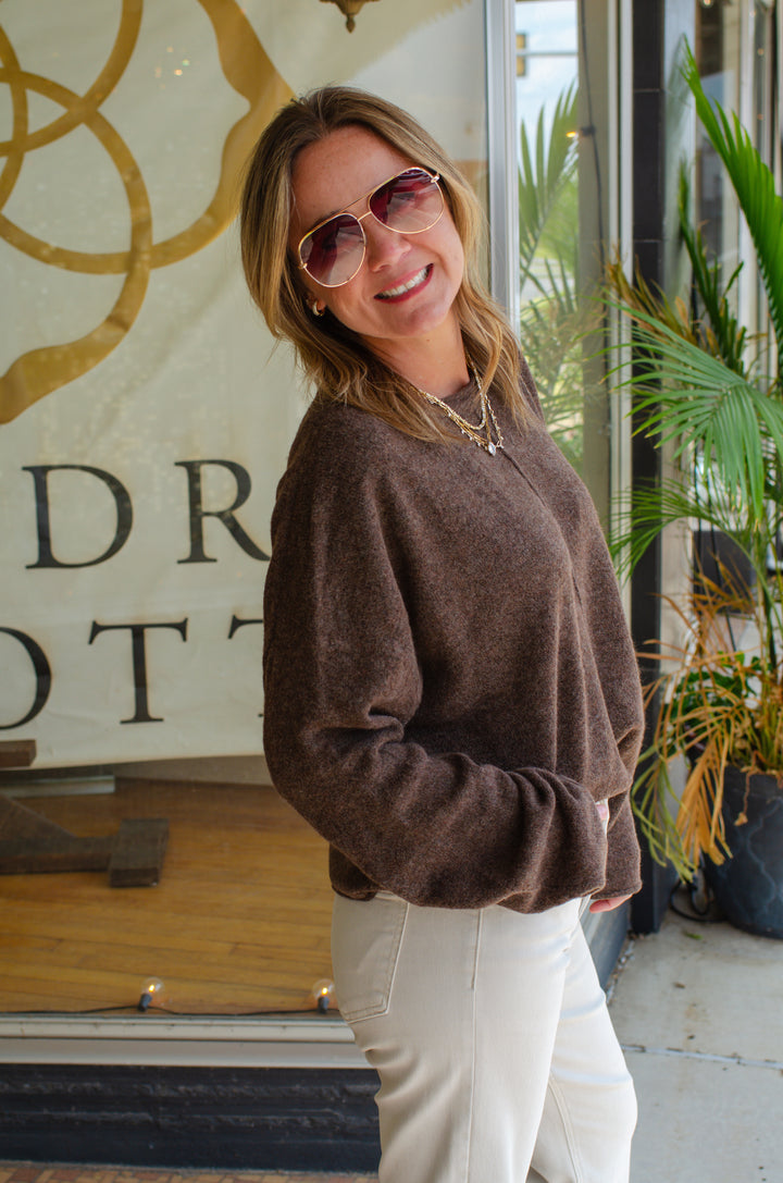 This Love Oatmeal Center Seam Rolled Neck Sweater in Chocolate
