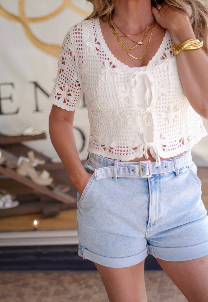 Choose Joy Macrame Tie Front Top in White