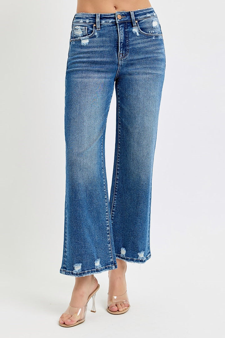 Risen Tummy Control High Rise Crop Wide Leg Jeans in Dark Wash