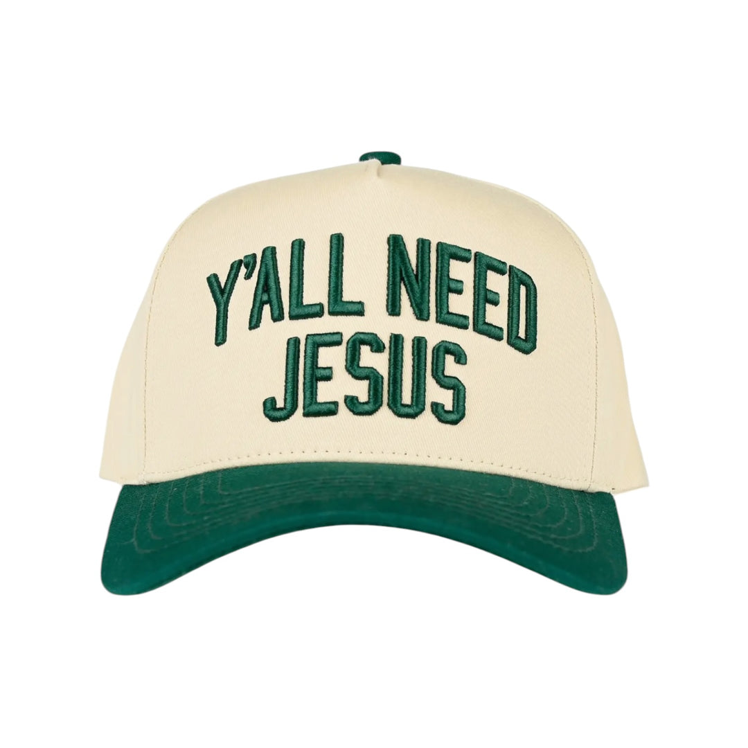 Y'all Need Jesus Embroidered Two Tone Trucker Hat in Green
