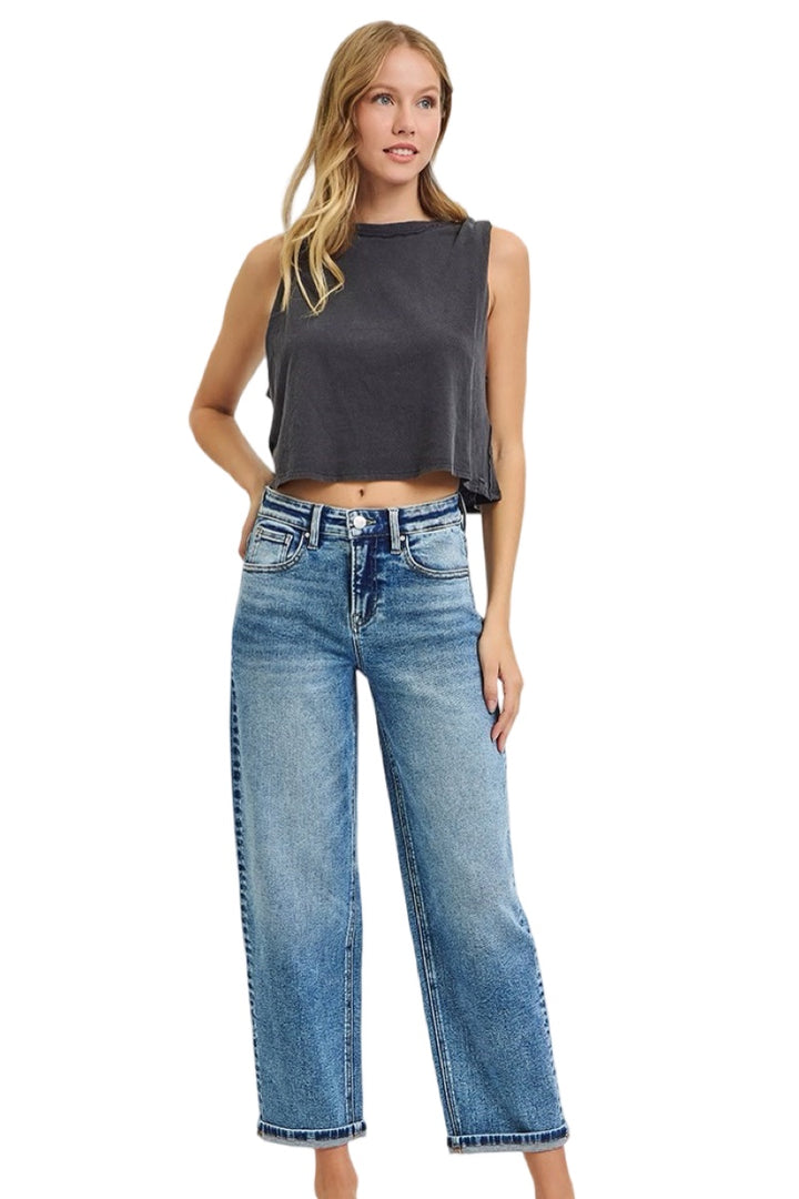 Risen High Rise Crop Boyfriend Jeans in Medium